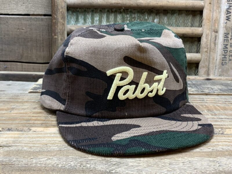 Vintage Pabst Beer Corduroy Camo Snapback Trucker Hat Cap Spartan Promo Group Made In USA