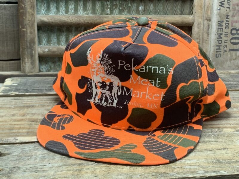 Vintage Pekarna's Meat Market Jordan, MN Orange Camo Snapback Trucker Hat Cap Otto Cap