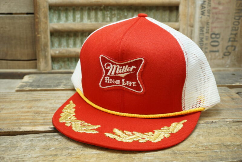 Vintage Miller High LIfe Beer Rope Mesh Gold Leaf Patch Snapback Trucker Hat Cap Made In USA