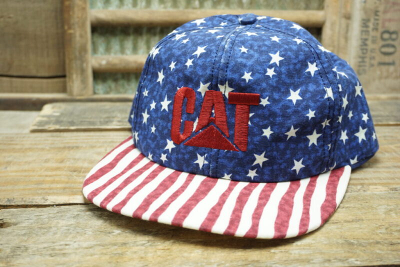 Vintage CAT Red White and Blue American Flag Snapback Trucker Hat Cap Made In USA