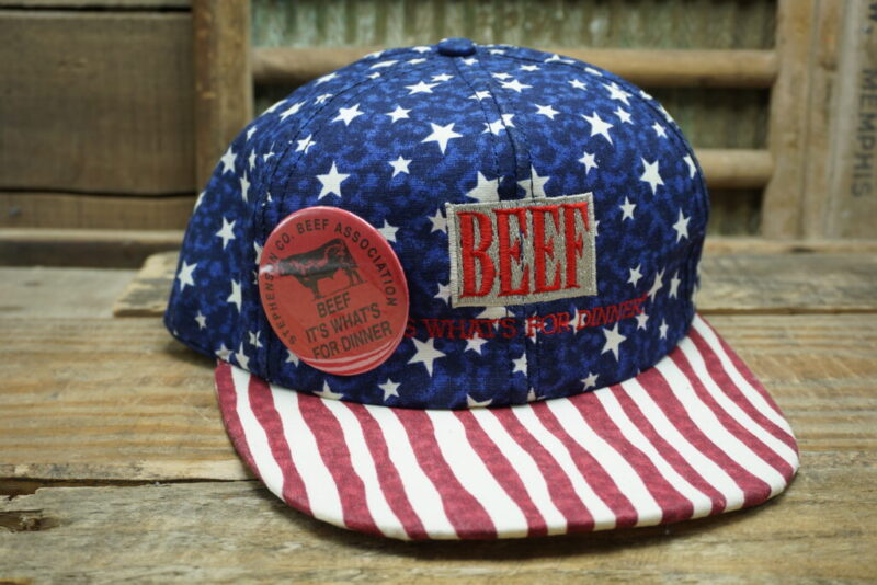 Vintage Beef "It's What's For Dinner" Stars and Stripes Hat Snapback Trucker Cap Made In USA