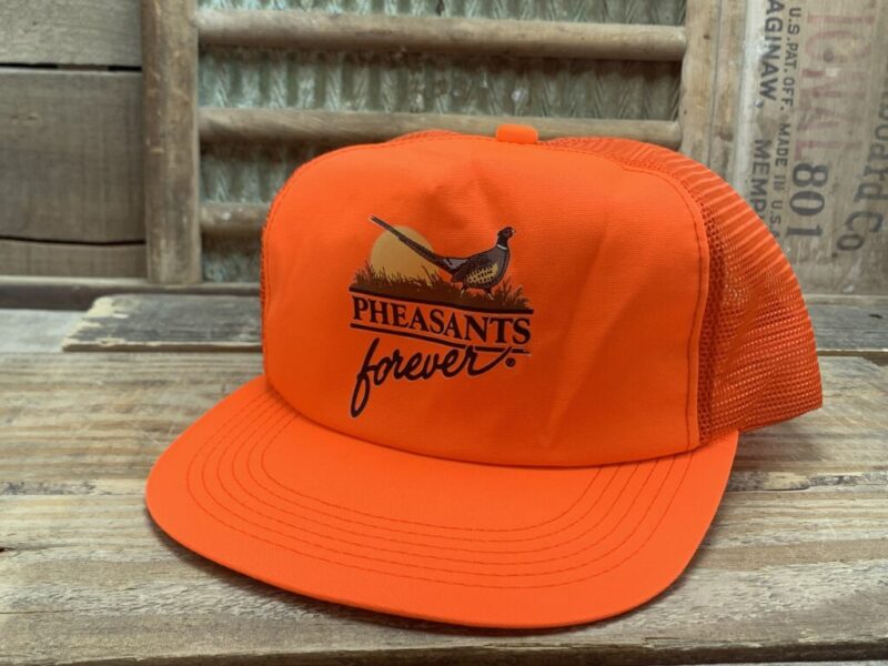 Vintage Pheasants Forever Blaze Orange Mesh Snapback Trucker Hat Cap K Products Made In USA