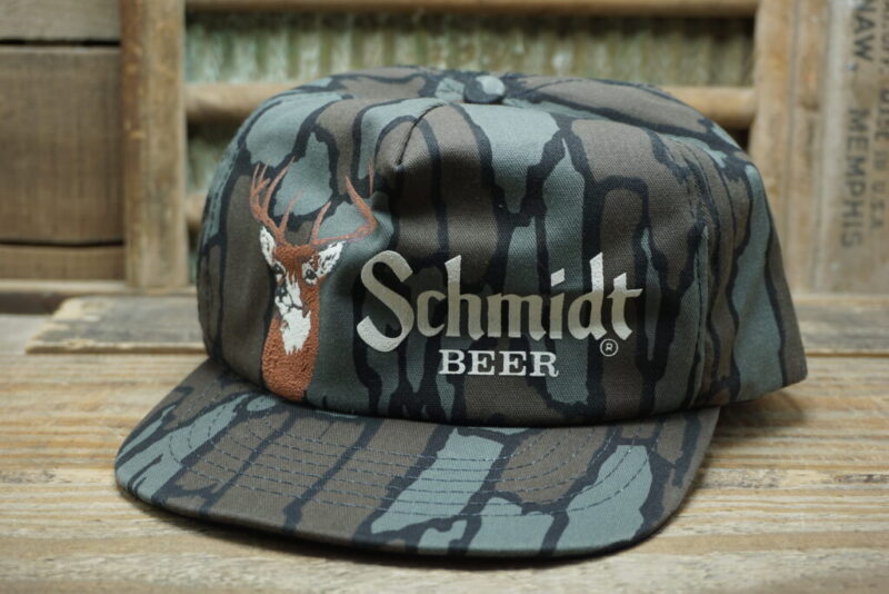 Vintage Schmidt Beer Whitetail Deer Buck Trebark Camo Snapback Trucker Hat Cap Spartan Specialties Made In USA