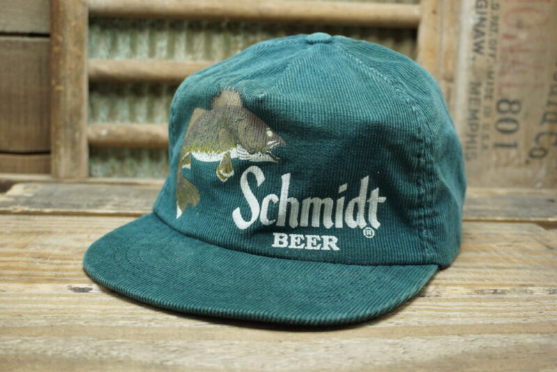 Vintage Schmidt Beer Walleye Corduroy Snapback Trucker Hat Cap Spartan Specialties Made In USA