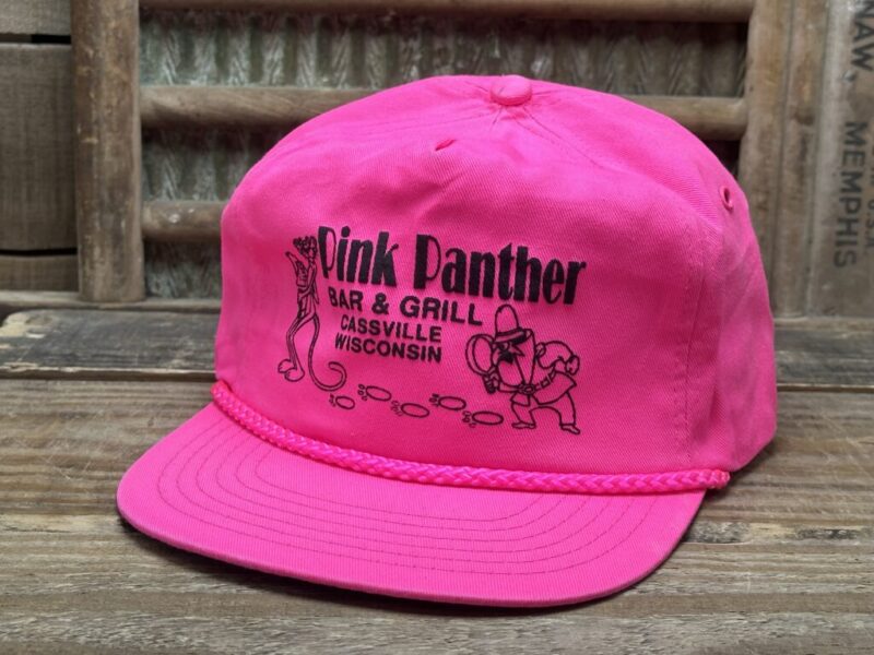 Vintage Pink Panther Bar & Grill Cassville Wisconsin Rope Strapback Trucker Hat Cap San Sun Made in Taiwan R.O.C.