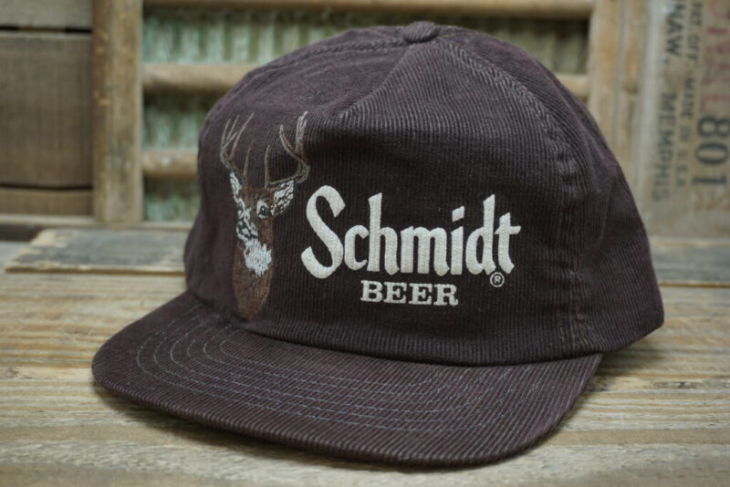 Vintage Schmidt Beer Buck White Tail Deer Corduroy Snapback Trucker Hat Cap Spartan Specialties Made In USA