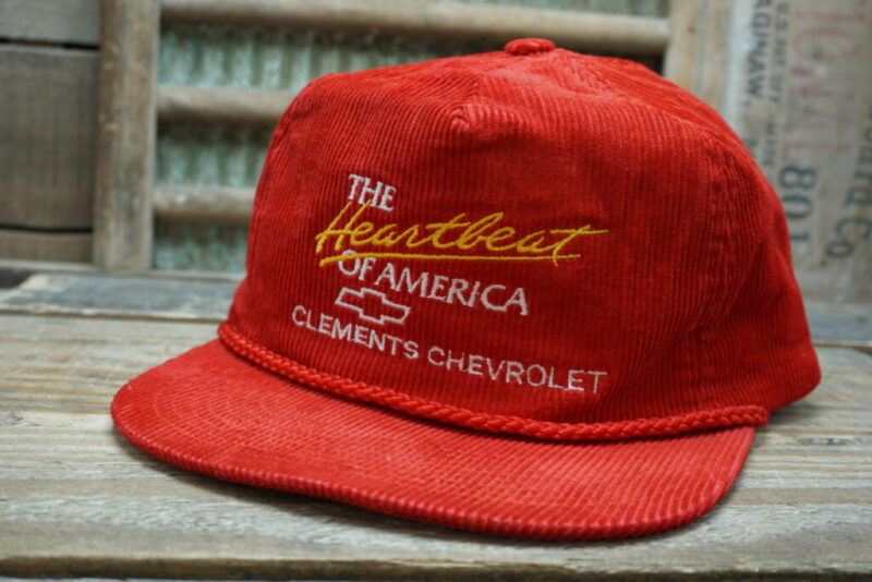 Vintage The Heartbeat of America Clements Chevrolet Chevy Corduroy Rope Snapback Trucker Hat Cap Genuine Crowd Cap Made In China