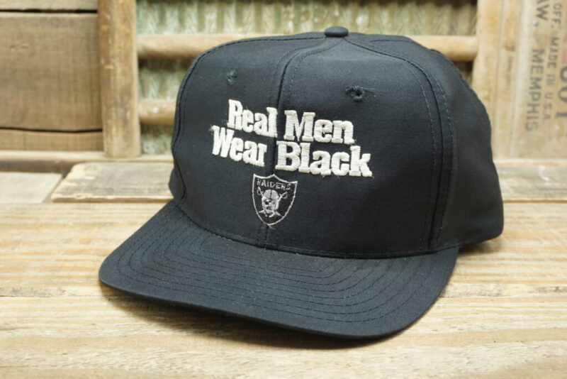 Vintage NFL Las Vegas Raiders Real Men Wear Black Snapback Trucker Hat Cap Designer Award Headwear Made in Taiwan R.O.C.