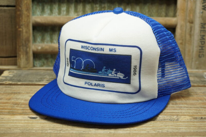Vintage 1986 500 Wisconsin MS Polaris Snowmobile Mesh Rope Snapback Trucker Hat Cap J Hats Made in Taiwan