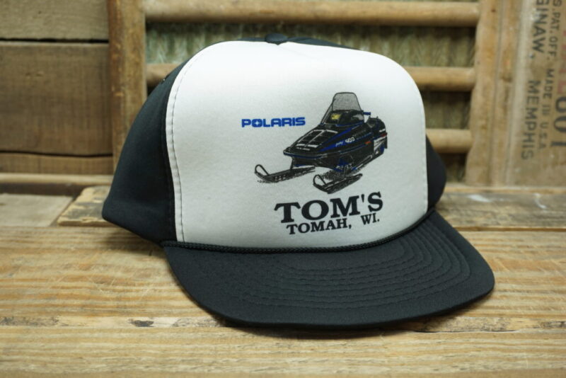 Vintage Polaris Indy 500 Snowmobile Tom's Tomah Wisconsin Snapback Trucker Hat Cap Mohr's Made in China