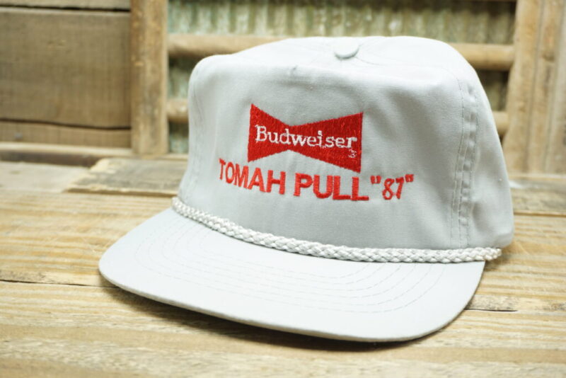 Vintage Budweiser Tomah Tractor Pull 1987 '87 Rope Strapback Trucker Cap Hat Otto Cap Made in Taiwan