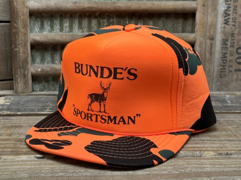 Vintage Bunde's "Sportsman" White Tail Deer Buck Blaze Orange Camo Rope Snapback Trucker Hat Cap Designer Award Headwear Made in Taiwan R.O.C.