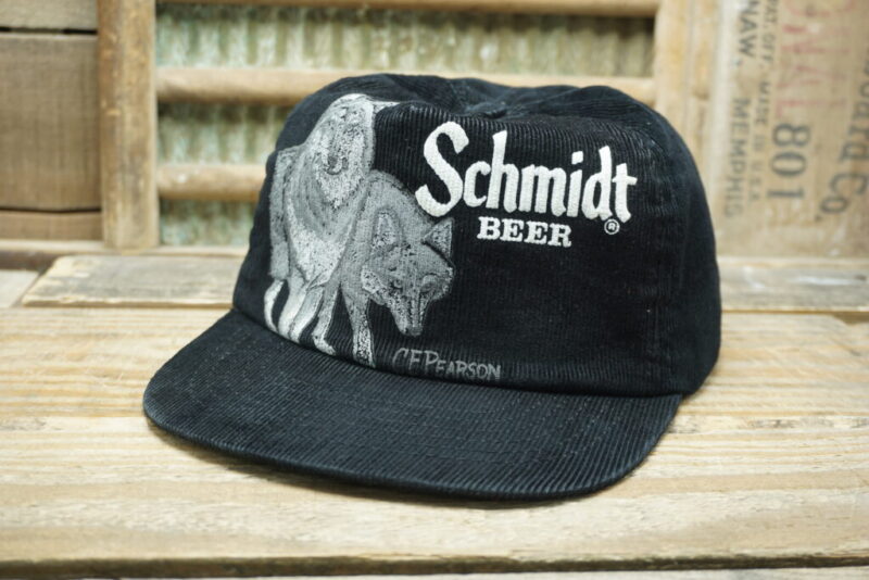Vintage Schmidt Beer CF Pearson Wolves Corduroy Snapback Trucker Hat Cap Spartan Specialties Made in USA