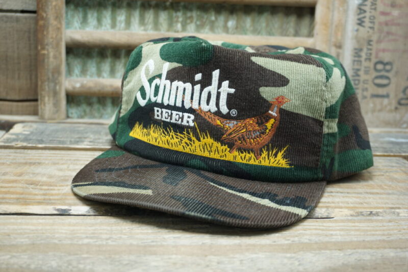 Vintage Schmidt Beer Pheasant Camo Corduroy Snapback Trucker Hat Cap Spartan Specialties Made in USA