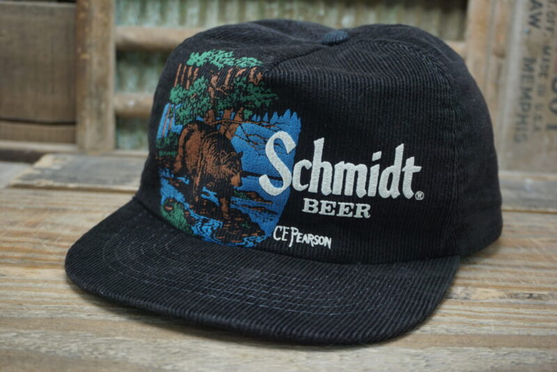 Vintage Schmidt Beer CF Pearson Bear Corduroy Snapback Trucker Hat Cap Spartan Promo Group Made in USA