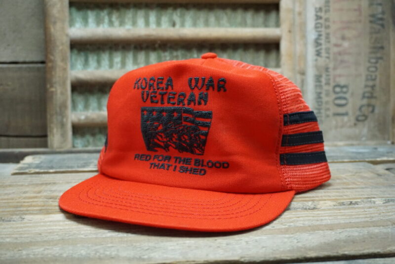 Vintage Korea War Veteran Red for the Blood that I Shed Three Stripes 3 Stripe Snapback Cap Hat Mesh Made in USA