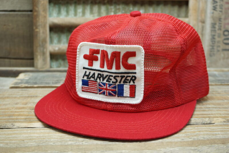 Vintage FMC Harvester Snapback Cap Hat Mesh Patch K Products Made in USA Flag England France USA