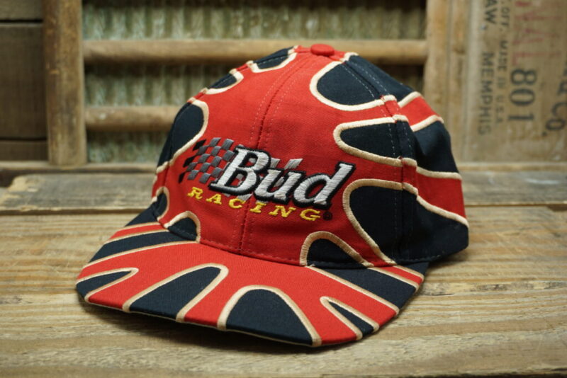 Vintage Bud Racing Budweiser Strapback Cap Hat Mesh Starter Made in Taiwan