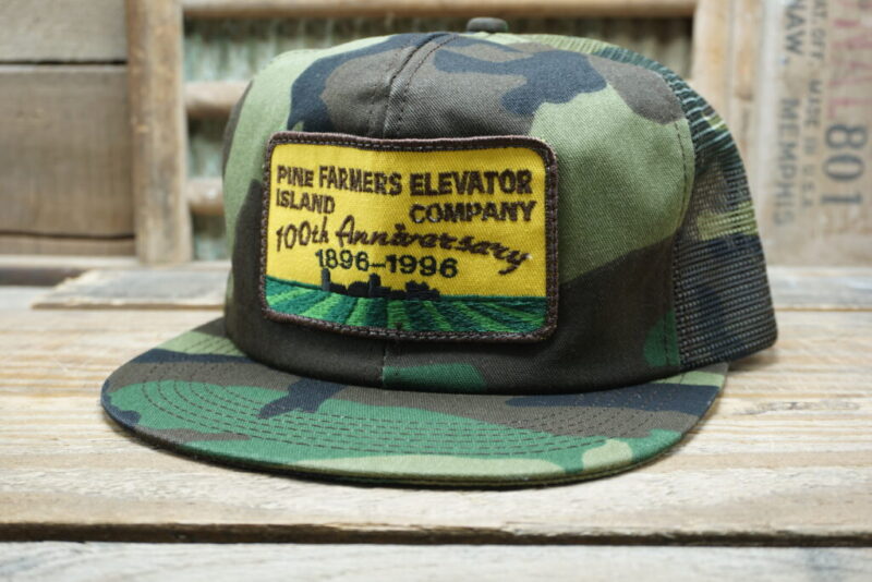 Vintage Pine Island Farmers Elevator Company 100th Anniversary 1896-1996 Camo Mesh Patch Snapback Trucker Hat Cap K Products Made in USA