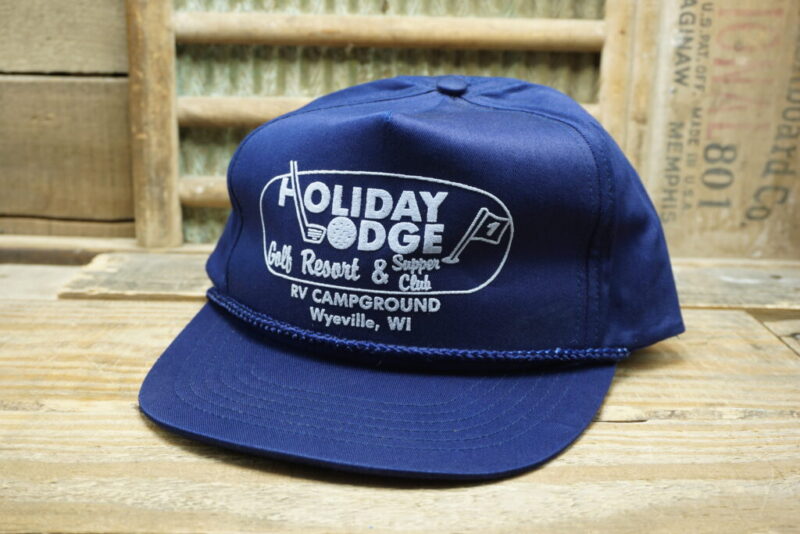 Vintage Holiday Lodge Golf Resort & Supper Club RV Campground Wyeville WI Rope Mesh Trucker Hat Cap Radio Kap II Made in China