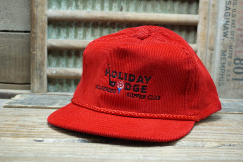 Vintage Holiday Lodge Golf Resort & Supper Club RV Campground Wyeville WI Corduroy Rope Mesh Trucker Hat Cap Headliner Made in China