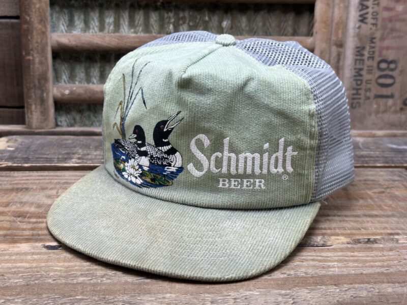 Vintage Schmidt Beer Pearson Loons Mesh Snapback Cap Hat Mesh Corduroy Spartan Specialties Made in USA