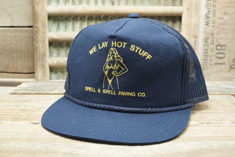 Vintage We Lay Hot Stuff Spell & Spell Paving Co. Rope Mesh Snapback Trucker Hat Cap YoungAn Made in Bangladesh