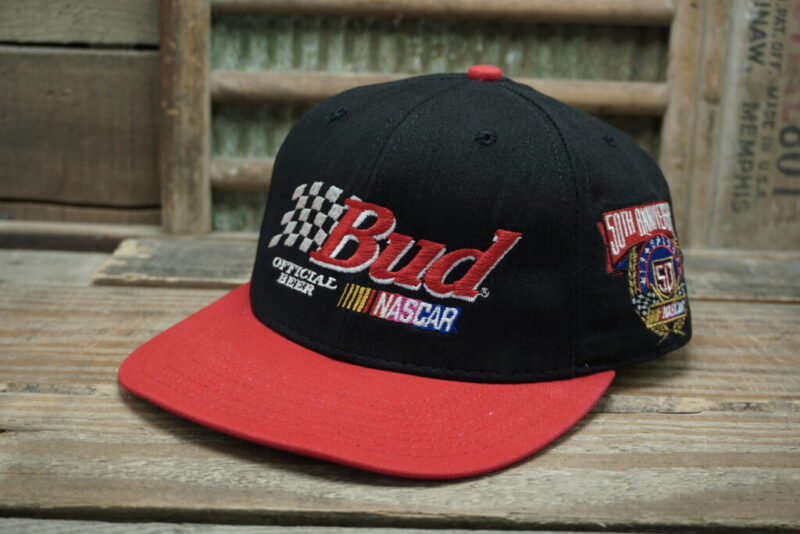 Vintage Nascar Budweiser Bud 50th Anniversary Snapback Cap mesh Trucker Hat Anheuser-Busch Made in Mexico