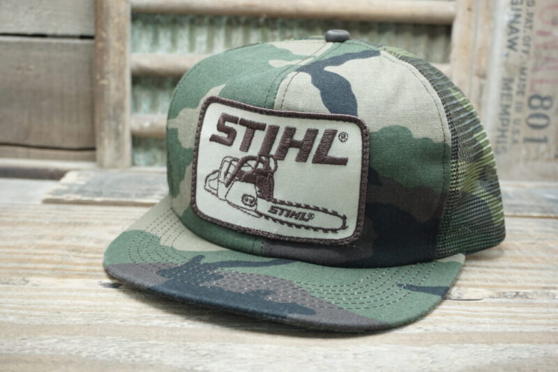 Vintage STIHL CHAIN SAW Camo Snapback Trucker Hat Cap Patch K Products Made in Mexico