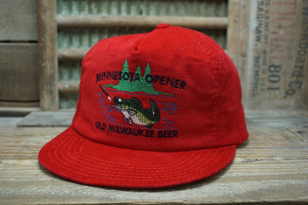 Vintage Minnesota Opener Old Milwaukee Beer Fishing Corduroy Snapback Trucker Hat Cap Paramount Cap MFG CO Made in USA